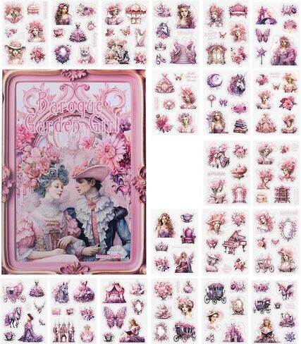 20 Sheets Baroque Garden Girl Series PET Scrapbook Stickers Set, Vintage Sticker Book for Scrapbooking, Pre-Cut Junk Journal Ephemera, DIY Crafts Waterproof Journaling Supplies (Pink Love Song) in Kuwait