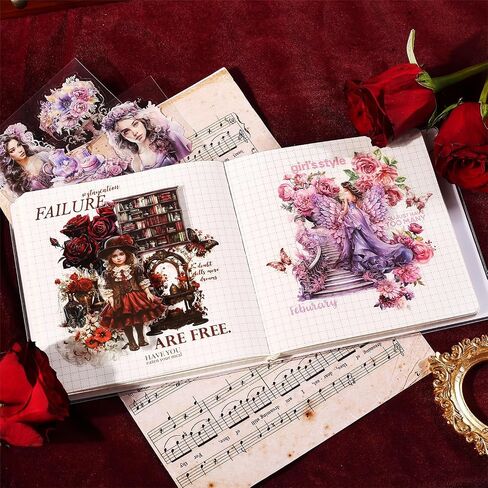 20 Sheets Baroque Garden Girl Series PET Scrapbook Stickers Set, Vintage Sticker Book for Scrapbooking, Pre-Cut Junk Journal Ephemera, DIY Crafts Waterproof Journaling Supplies (Pink Love Song) in Kuwait