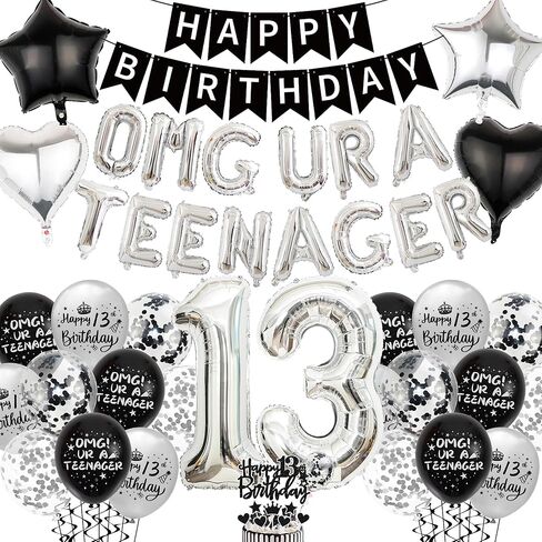 ديكورات عيد الميلاد الثالثة عشر للأولاد - اللوازم الرسمية لحفلات المراهقون الأسود لافتة عيد ميلاد سعيد ، يا إلهي ، البالونات في مراهق ، رقم 13 كعكة بالون في سن المراهقة البالغة من العمر 13 عامًا in Kuwait