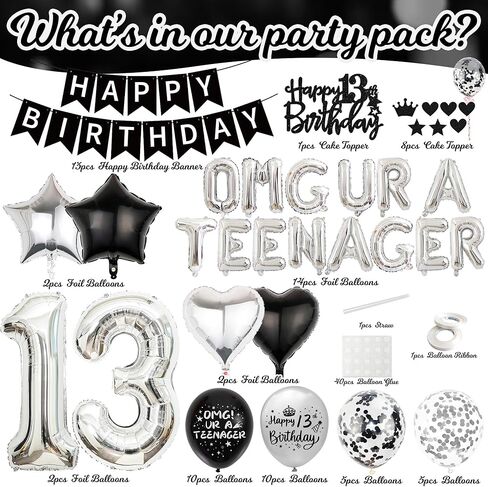 ديكورات عيد الميلاد الثالثة عشر للأولاد - اللوازم الرسمية لحفلات المراهقون الأسود لافتة عيد ميلاد سعيد ، يا إلهي ، البالونات في مراهق ، رقم 13 كعكة بالون في سن المراهقة البالغة من العمر 13 عامًا in Kuwait