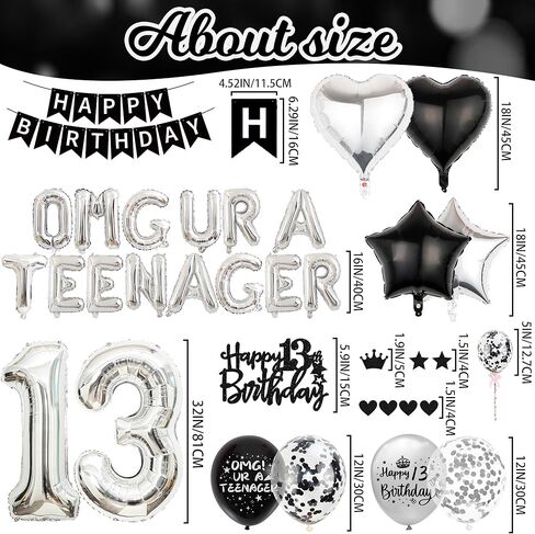 ديكورات عيد الميلاد الثالثة عشر للأولاد - اللوازم الرسمية لحفلات المراهقون الأسود لافتة عيد ميلاد سعيد ، يا إلهي ، البالونات في مراهق ، رقم 13 كعكة بالون في سن المراهقة البالغة من العمر 13 عامًا in Kuwait