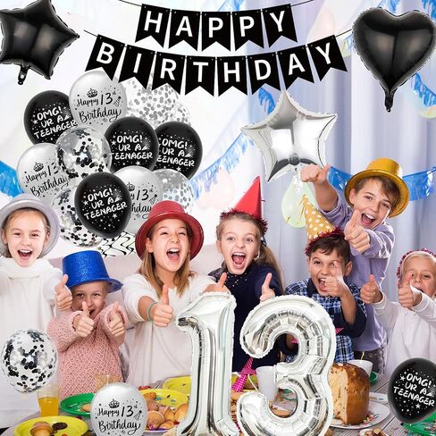ديكورات عيد الميلاد الثالثة عشر للأولاد - اللوازم الرسمية لحفلات المراهقون الأسود لافتة عيد ميلاد سعيد ، يا إلهي ، البالونات في مراهق ، رقم 13 كعكة بالون في سن المراهقة البالغة من العمر 13 عامًا in Kuwait