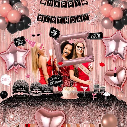 Birthday Decorations for Women Rose Gold and Black Party Decor Supplies of 30th, 40th, 50th, 60th Birthday - Rose Gold Birthday Supplies Dinnerware Set with Balloons, Sash, Banner, Curtain, Photo Prop in Saudi Arabia