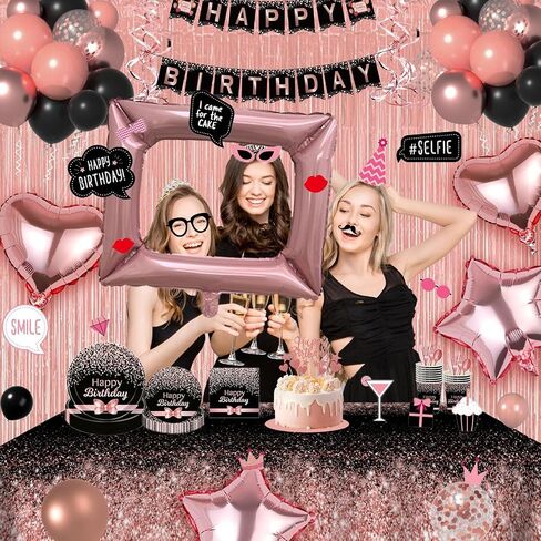 Birthday Decorations for Women Rose Gold and Black Party Decor Supplies of 30th, 40th, 50th, 60th Birthday - Rose Gold Birthday Supplies Dinnerware Set with Balloons, Sash, Banner, Curtain, Photo Prop in Saudi Arabia