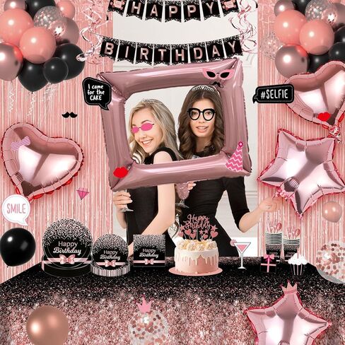 Birthday Decorations for Women Rose Gold and Black Party Decor Supplies of 30th, 40th, 50th, 60th Birthday - Rose Gold Birthday Supplies Dinnerware Set with Balloons, Sash, Banner, Curtain, Photo Prop in Saudi Arabia