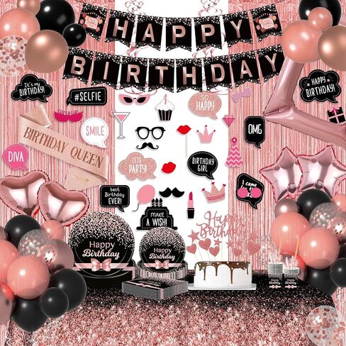 Birthday Decorations for Women Rose Gold and Black Party Decor Supplies of 30th, 40th, 50th, 60th Birthday - Rose Gold Birthday Supplies Dinnerware Set with Balloons, Sash, Banner, Curtain, Photo Prop in Saudi Arabia
