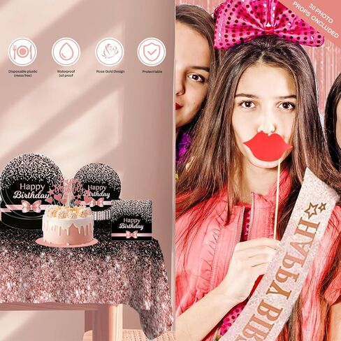Birthday Decorations for Women Rose Gold and Black Party Decor Supplies of 30th, 40th, 50th, 60th Birthday - Rose Gold Birthday Supplies Dinnerware Set with Balloons, Sash, Banner, Curtain, Photo Prop in Saudi Arabia