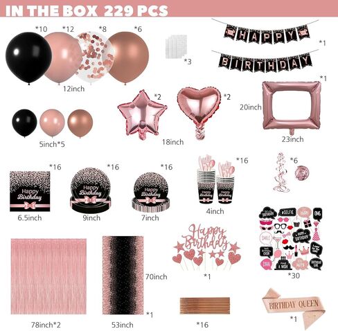 Birthday Decorations for Women Rose Gold and Black Party Decor Supplies of 30th, 40th, 50th, 60th Birthday - Rose Gold Birthday Supplies Dinnerware Set with Balloons, Sash, Banner, Curtain, Photo Prop in Saudi Arabia
