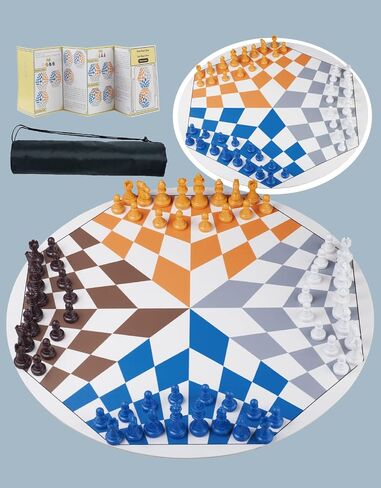 Three or Four Players Chess Set：A Leather Game Mat + 4 Packs of Pieces (64 Pieces) + 1 Game Manual + A Drawstring Storage Bag. A Strategy Chess Game for 2-4 Players in Saudi Arabia