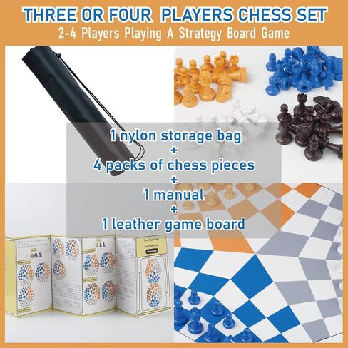 Three or Four Players Chess Set：A Leather Game Mat + 4 Packs of Pieces (64 Pieces) + 1 Game Manual + A Drawstring Storage Bag. A Strategy Chess Game for 2-4 Players in Saudi Arabia