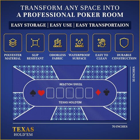 طاولة البوكر أعلى - قابلة للطي 70 "× 35" حصيرة لعبة البوكر Texas Hold'em مع الدعم غير المنزلق وحقيبة الحمل السوستة - مقاومة للماء ومحمولة طاولة الكازينو Topper Lights حتى 10 لاعبين in Saudi Arabia