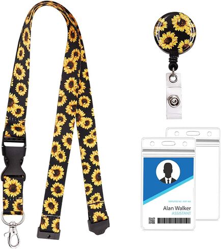 Fashion Sunflower Lanyard ID Card Clip Kit,Women Girls Nurse Reversible Detachable Key Chain Lanyard and Retractable ID Card with Horizontal Name Badge Holder,for Keys USB ID Card Phone in Saudi Arabia