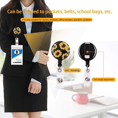 Fashion Sunflower Lanyard ID Card Clip Kit,Women Girls Nurse Reversible Detachable Key Chain Lanyard and Retractable ID Card with Horizontal Name Badge Holder,for Keys USB ID Card Phone in Saudi Arabia
