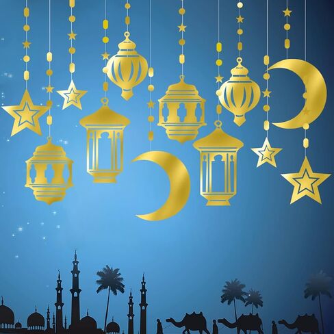 Blue-Silver Ramadan Star-Moon Party-Decorations Garland - 12pcs Twinkle Little Star Hanging Decoration Streamers Swirl Lantern, Eid Mubarak Birthday Wedding Party Banner Decor Panduola in Kuwait