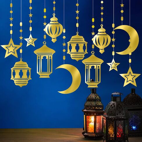 Blue-Silver Ramadan Star-Moon Party-Decorations Garland - 12pcs Twinkle Little Star Hanging Decoration Streamers Swirl Lantern, Eid Mubarak Birthday Wedding Party Banner Decor Panduola in Kuwait