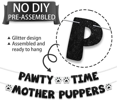 Beishida Glitter Black Pawty Time Puppers Puppers Banner - No DIY - The Pet Birthday Banner - Puppy Birthday Decorations ， Cat Cat/Dog Birthday Party Supplies ， Dog Paw Party Sign in Kuwait