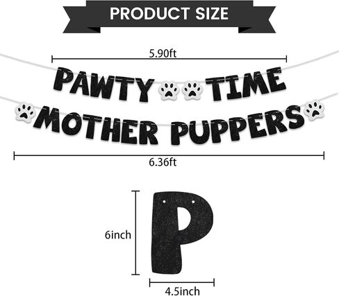 Beishida Glitter Black Pawty Time Puppers Puppers Banner - No DIY - The Pet Birthday Banner - Puppy Birthday Decorations ， Cat Cat/Dog Birthday Party Supplies ， Dog Paw Party Sign in Kuwait