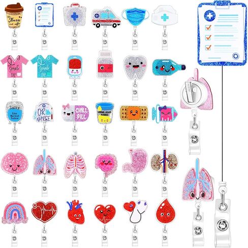 Crtiin 30 Pcs Nurse Badge Reel Bulk Retractable Nurse Badge Holders Medical Nurse Badge Clip Funny Nursing Badge Reel Glitter Brain Hear Badge Reel ID Name Badge Holder for Nursing Appreciation Gift in Saudi Arabia