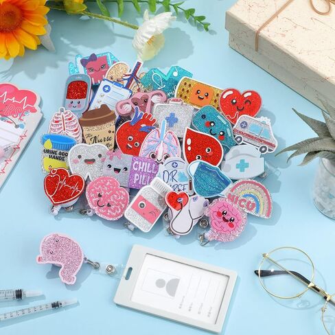 Crtiin 30 Pcs Nurse Badge Reel Bulk Retractable Nurse Badge Holders Medical Nurse Badge Clip Funny Nursing Badge Reel Glitter Brain Hear Badge Reel ID Name Badge Holder for Nursing Appreciation Gift in Saudi Arabia