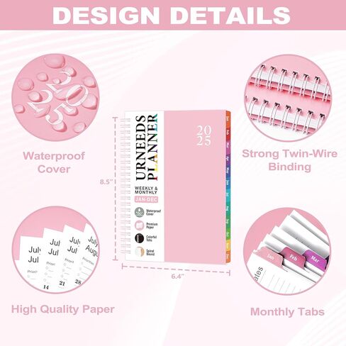 2025 Planner - مخطط شهري أسبوعي 2025 ، مخطط التقويم من يناير 2025 إلى ديسمبر 2025 مع حلزوني جيب داخلي ، علامات تبويب ملونة ، 6.4 '' x 8.5 ' - الوردي in Kuwait