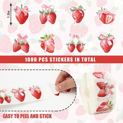 1000pcs Strawberry Coquette Sticker Watercolor Pink Bow Paper Decal 8 تصاميم ملصق ملصق لاصق الفاكهة لمكافأة Scrapbook DIY Supplies ، 1.5 in in Kuwait