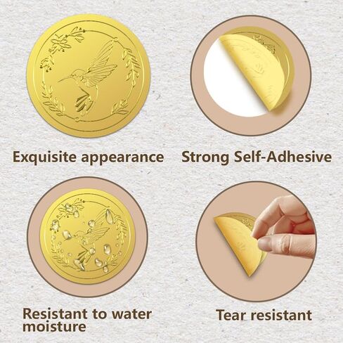 WADORN 100Pcs Hummingbird Flower Metal Gold Foil Stickers, Floral Motif Gold Foil Embossed Stickers Round Self Adhesive Flowers Leaves Embossed Seal Labels for Invitation Card Diplomas Awards in Kuwait