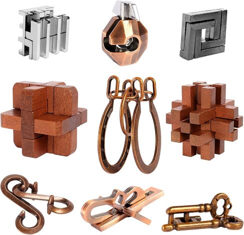 9pcs Puzzles Bulk Gift for Kids, Teens, and Adults Retro Wooden and Metal Unlock Interlock Brain Teaser Toys. in Saudi Arabia