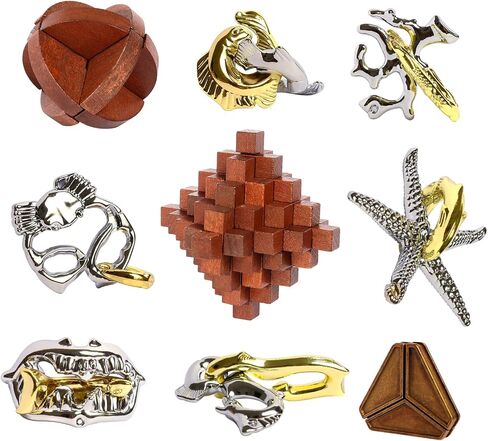 9pcs Puzzles Bulk Gift for Kids, Teens, and Adults Retro Wooden and Metal Unlock Interlock Brain Teaser Toys. in Saudi Arabia