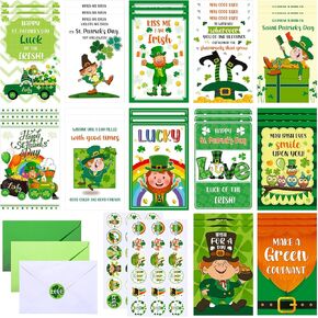 24 Pcs St. Patrick's Day Card Set for Kids with Envelope, Stickers, Green Shamrock, Gold Coin, Assorted Greeting Cards for Party Favor, 12 Styles