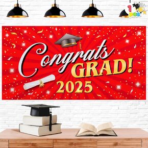 JOYIN 2025 Graduation Plastic Backdrop (Blue), 65" Class of 2025 Congrats Grad Banner with Double Sided Adhesive Dot, Graduation Party Indoor Outdoor Decoration, Photoshoot Props Supplies