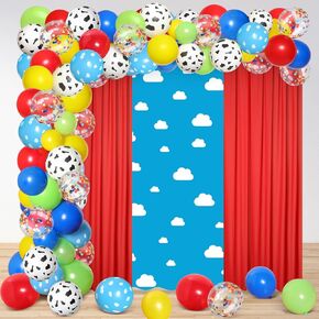 116 PCS Story Story Party Decorations Kit تتضمن 1 Sky Sky White Clouds خلفية 2 لوحات شيفون خلفية الستار 110 بالونات مع 3 ملحقات لفة للبلاد عيد ميلاد دش الطفل