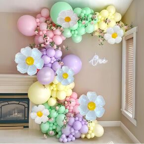 164pcs Daisy Pastel Balloons Garland Arch Kit, Different Size Pastel Balloons with White Flower Mylar Balloon for Mother's Day Spring Wedding Birthday Easter Party Decoration