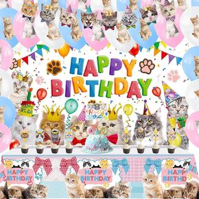 Cat Birthday Party Decorations, Cat Birthday Party Supplies with Cat Balloons, Cat Birthday Backdrop, Cat Banner, Tablecloth, Cake Topper, Cupcake Toppers, for Kitten Cat Girl Birthday Decorations
