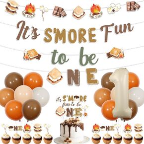 S'more Birthday Party Decorations with S'mores Birthday Party Banner Garland It's S'more Fun to Be One Cake Cupcake Toppers for Camping Smore First Birthday Party Supplies