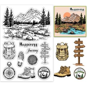 PH PandaHall Camping Clear Stamps Mountain Transparent Stamps Forest Tree Stamps Outdoor Silicone Stamp Journey Rubber Stamps for Card Making Craft Scrapbooking Photo Album Notebook 6.3x4.3 Inch