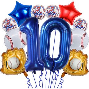 Baseball Birthday Party Balloons, 32 Inch Navy Blue Foil Number 10 Balloon, Baseball Glove Foil Balloon, Red Blue Star Confetti Balloon for 10th Birthday Sports Theme Party Supplies