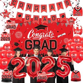 Graduation Decorations Class of 2025,Red Themed Graduation Party Supplies for High School & College Celebrations,Congrats Grad Decorations with 2025 Banner,Backdrop,Balloons and Honeycomb - Red