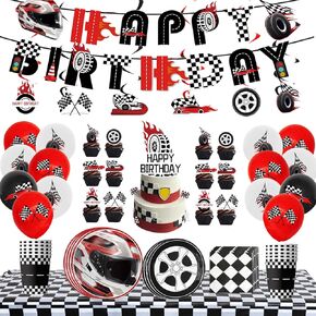 Racing Birthday Decorations Set, Cool Handsome Happy Birthday Party Supplies with Banner, Balloon, Hanging Swirl, Tablecloth, Plate, Paper Cup, Paper Towel, Cake Topper, Cupcake Topper