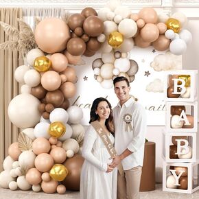 138 Teddy Bear Baby Shower Decorations Netrual, Brown White Balloons Garland Arch Kit Badge Sash Bearly Wait Backdrop Baby Boxes with Letters, Boy Girl Baby Shower Decorations Decor