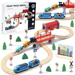 Wooden Train Set for Toddlers 3-5, 80 Pcs Train Tracks Toys with Electric Trains & Changable Track & Viaduct, Fits Major Brand Train Toys Christmas Birthday Gift for Boys & Girls 3 4 5 6