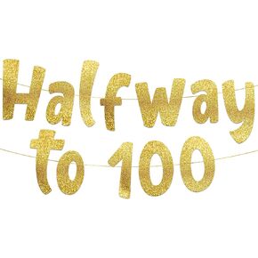 Halfway To 100 Black Glitter Banner - Happy 50th Birthday Party Banner - 50th Birthday Party Decorations and Supplies - 50th Wedding Anniversary Decorations