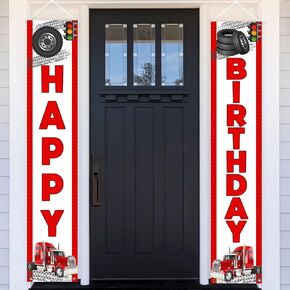 Jollyboom Truck Theme Birthday Party Decoration, Semi Truck Happy Birthday Door Banner Heavy Truck Construction Car Porch Sign Door Decoration for Truck Transportation Birthday Party Decoration
