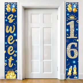 Sweet 16 Birthday Decorations Door Banner for Boys Blue Gold Happy 16th Birthday Porch Sign Sweet 16th Birthday Props Decor for Indoor Outdoor Sixteen Year Old Birthday Supplies
