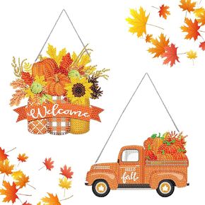 2 Pcs Fall Autumn Diamond Hanging Sign Set - DIY Welcome Door Hanger for Thanksgiving Party Decoration