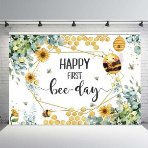 MEHOFOND Happy First Bee-Day Backdrop Honey Bee One Birthday Party Background for Boy Girl Honeycomb Bumble Bee 1st Birthday Decorations Fun to Be One Cake Table Banner Photo Studio Props 7x5ft