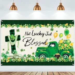 Moukeren St. Patrick's Day Banner Decorations Buffalo Plaid Jesus Cross Truck Backdrop St Patricks Shamrock Background for Wall Photography Photo Prop Booth Party Decor