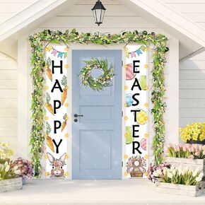 Happy Easter Lighted Porch Sign Bunny Banner 71 x 12 Inch Easter Door Decorations Carrot Egg Outdoor Hanging Banner Easter Porch Sign for Home Indoor Outdoor Door Wall Decoration
