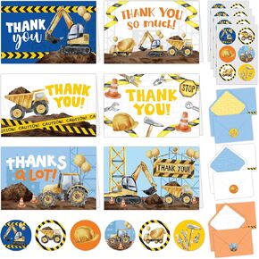 Decorably 24 Pack 6x4in Construction Thank You Cards with Envelopes and Stickers, 6 Fun Designs, Blank Inside Note Cards - Kid's Party, Birthday