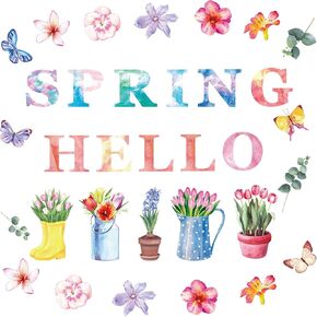 Ferraycle 68 Pcs Hello Spring Cut Outs with 100 Pcs Glue Points Floral Cut Outs Bulletin Board Set Flower Plants Spring Cutouts Bulletin Board Decorations for Classroom School Game(Fresh Style)