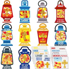 30 Sets Christian Crafts Jesus is The Lights Stickers Bulk Bible Verse Religious Crafts for Kids Cross Ornaments DIY Oil Lamp Card Kit for Sunday School Classroom Home Easter Party Favors
